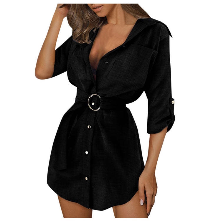 Elegant Women's Mini Dress Turn-Down Collar Button Up Ladies Dress With Sashes Casual Solid Color Long Sleeve Dress sukienka