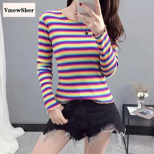 VmewSher Rainbow Spring Autumn Women Sweater Colorful Strip Slim Long Sleeve Pullover Fashion Knitwear O-neck Jumper Knit Top