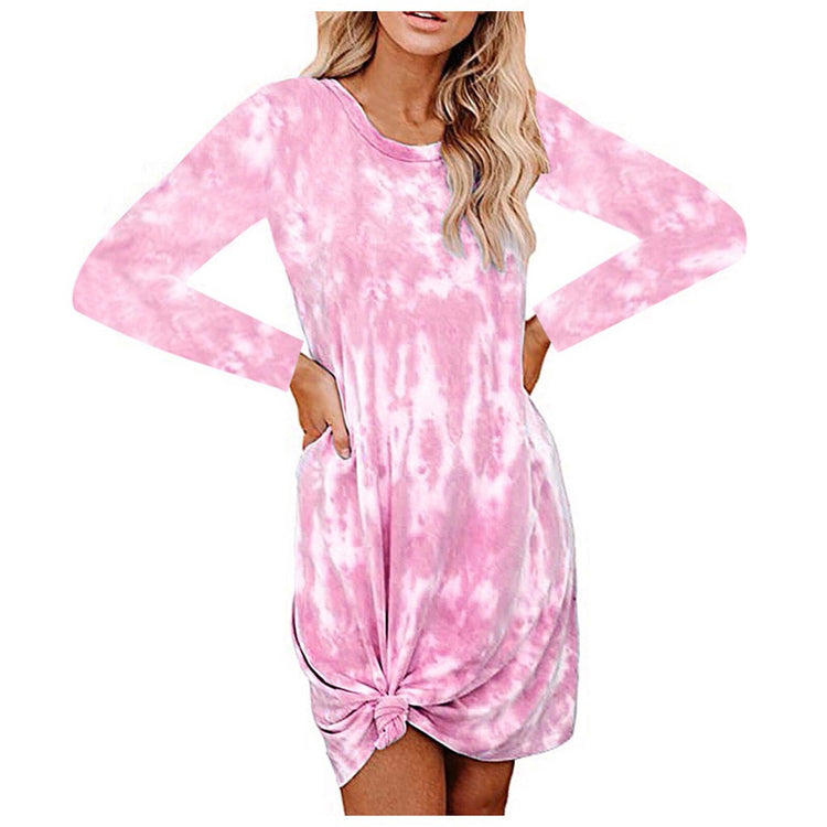 Women Tie-dye Printing Dress Sky Blue O Neck Long Sleeves A Line Knotted Short Dress Office Lady Casual Party Midi Dress 2021