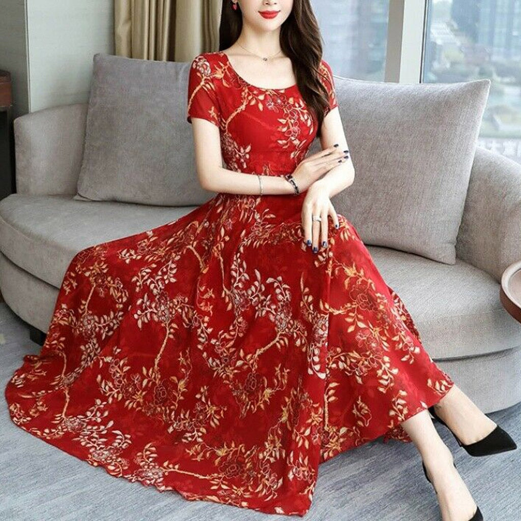 Women'S Fashion Floral Printed Summer Dresses O-Neck Ankle-Length Short Sleeve Maxi Long Dress Elegent Female Casual Daily Wear
