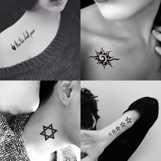 Waterproof Temporary Tattoo Sticker Black English Letters Stars Feathers Waves Men and Women Art Tattoo Chest Neck Arm Tattoo