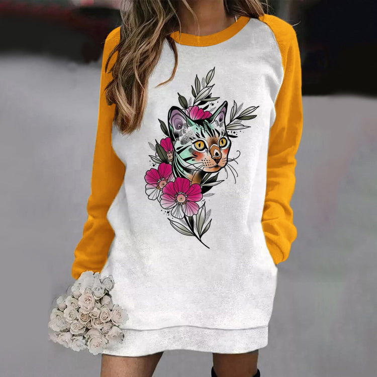 Mini Dress Ladies Sweatshirts Contrast Color Long Sleeve Loose Cat Printing Pocket Pullover Sweatshirt Dress Mujer De Moda 2021