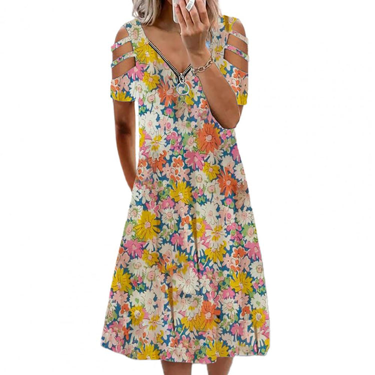 Women Dress Plus Size Elegant Vintage Flower Print Loose Summer Short Sleeve V Neck Casual Midi Out Dresses oversize Streewear
