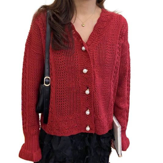 Womens Autumn Long Sleeve Loose Sweater Cardigan Hollow Out Crochet Knitted V-Neck Button Down Basic Solid Short Knitwear Top Co