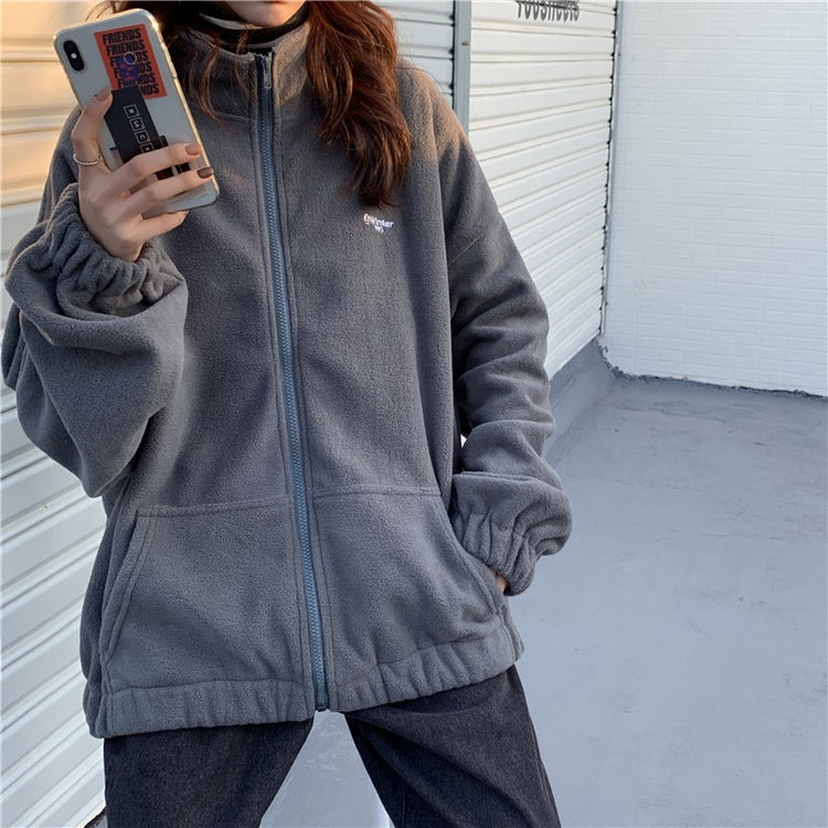 Harajuku Women Zip-up Hoodies Plus Velvet Fleece Warm Winter Sweatshirts Jacket Casual Loose Stand Collar Oversized Hoodie 2020