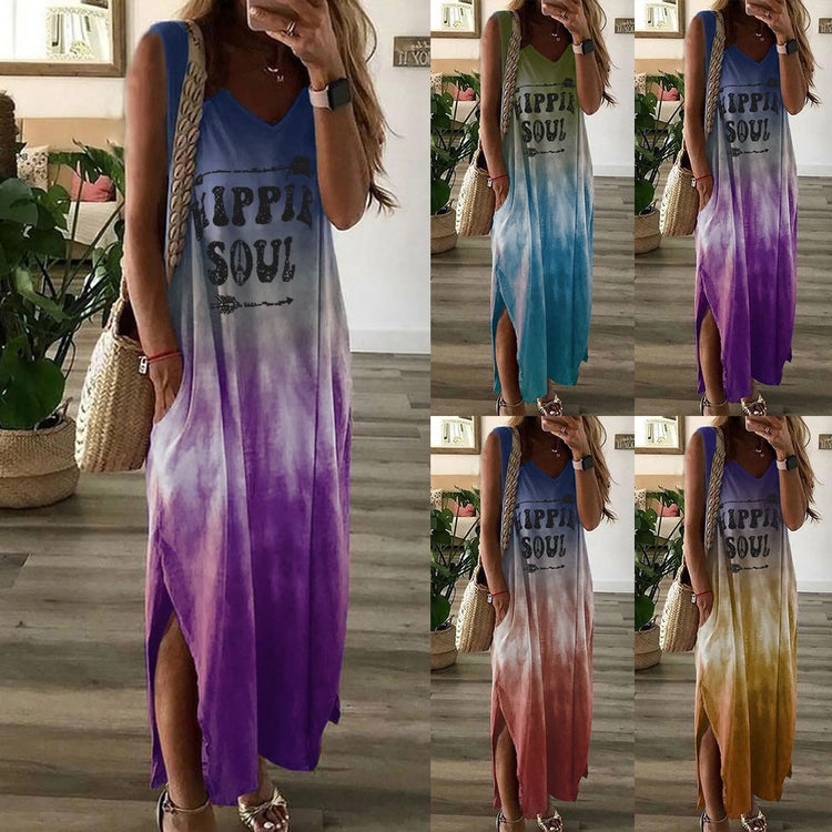 Casual Sprts Loose Straight Long Dress Women Ladies V-neck Tie-dye Print Split Sleeveless Maxi Dress Summer Pocket  Vestidos