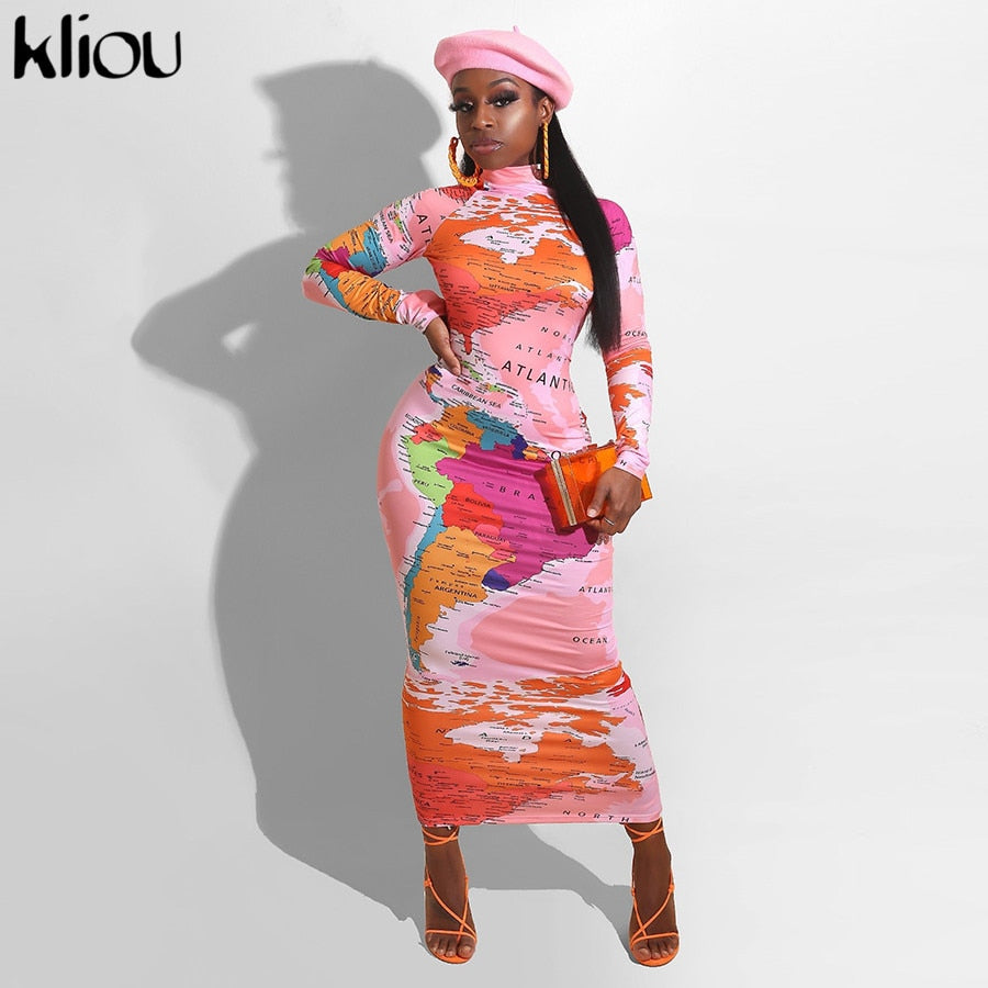 Kliou Print Women Bodycon Party Dresses Turtleneck Long Sleeve Fashion Streetwear Skinny Slim Maxi Dress Female Clothing Hot