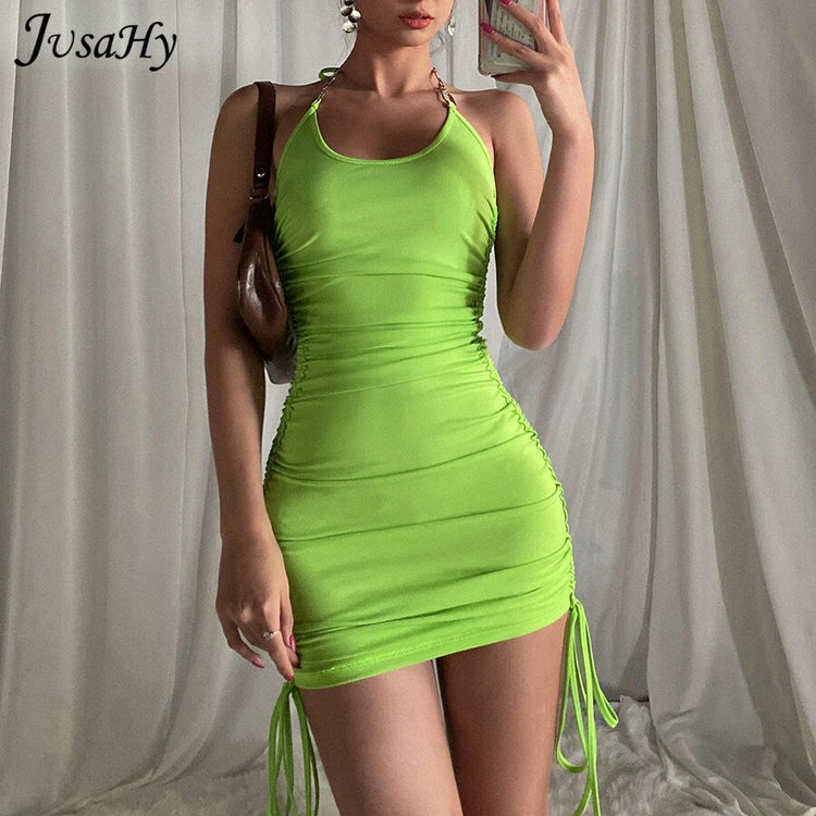 JusaHy Summer Pure Green Mini Dress for Woman Hanging Neck Mujer Sleeveless Slim Skinny Bodycon Dress New Fashion Sexy Clubwear