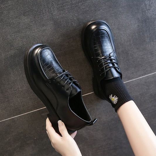 2021 Autumn British Style Girls Student Shoes Fashion Office Black Leather Women Oxfords Lace Up Loafers Flats Plarform Shoes