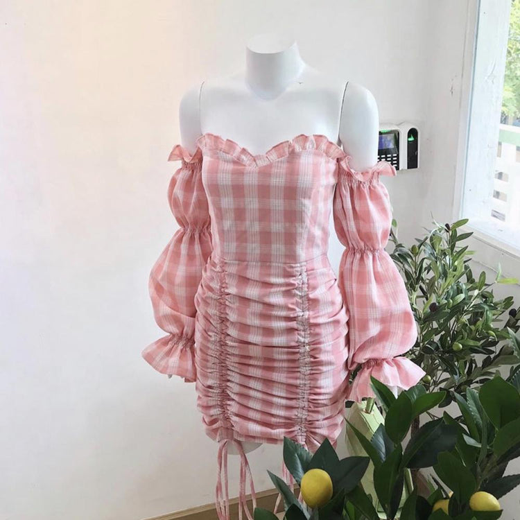 70% 2021 New Women Pink Sweet Long Sleeve Off Shoulder Long Puff Sleeve Plaid Drawstring Bodycon Strapless Dress Fairy
