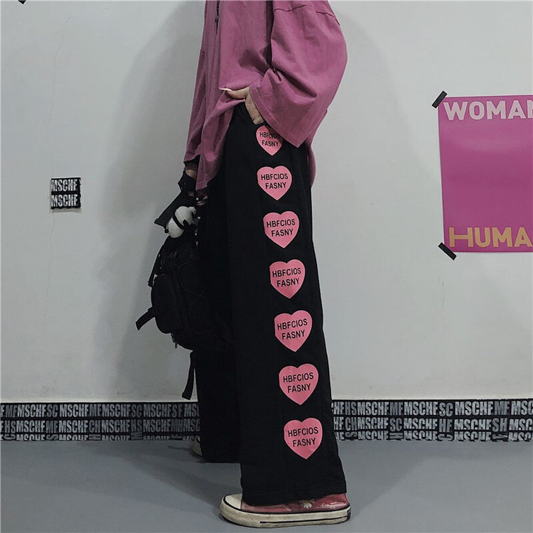 2021 Vintage Women's Pants Ins Heart Print Summer Loose Pockets Elastic Waist Trousers for Female Korean Fashion Wide Leg Pant