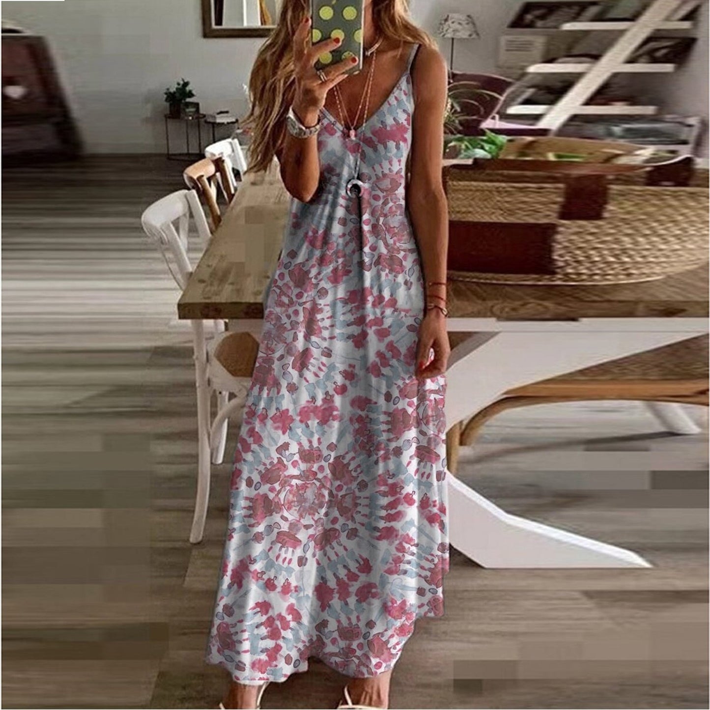 Summer Women Loose Casual Floral Dress Plus Size Sleeveless V Neck Spaghetti Strap Midi Dresses For Women Clothing Vestido 2021