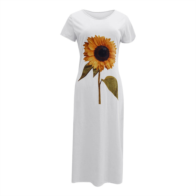 Dresses For Women 2021 Fashion Women Sunflower Print Short Sleeve Plus Size Loose Casual Dress Elegant Women's Summer Long Dress