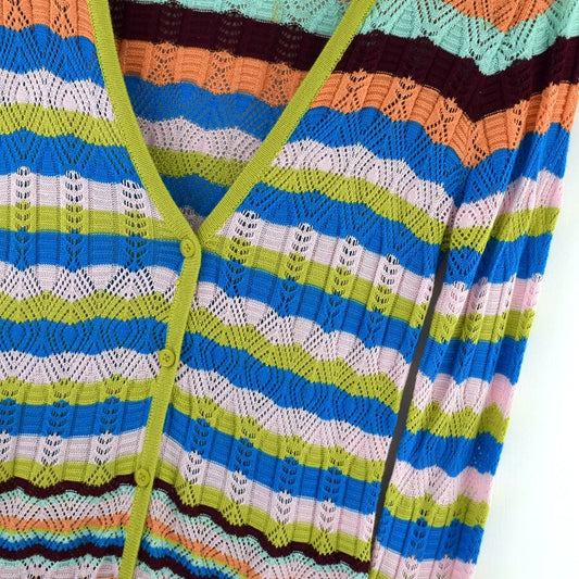 #308 Weave Striped Women Girls Summer Knit Sweater Cardigan Air Conditioner Sunscreen V-Neck Long Sleeve Female Knitwear Coat