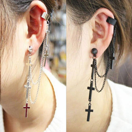 1 Pcs Fashion Cross Tassel Chains Ear Cuff Earrings For Women Girls Gothic Punk Style Cross Pendant Clip Earring Trendy Jewelry