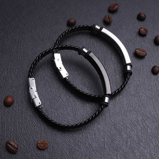 SHOUMAN Personalized Leather Bracelet Engrave Name Date Logo Black Braid Woven Stainless Steel Men Bangle Women Jewelry Gift