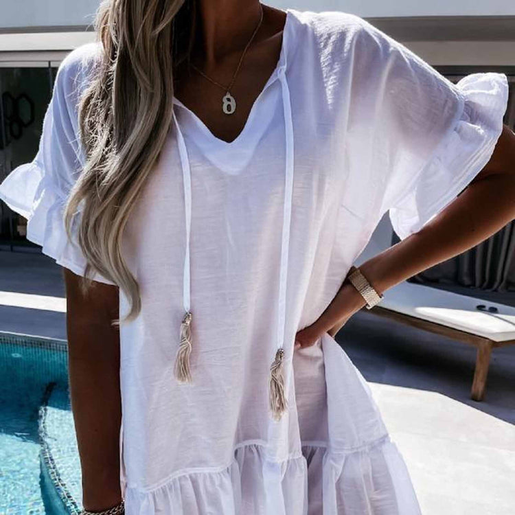 Summer Loose Plus Size Hoodied Mini Dress Women Fashion  Casual Solid V-neck Petal Sleeve Tassel Beach Dress Beach Streetwaer