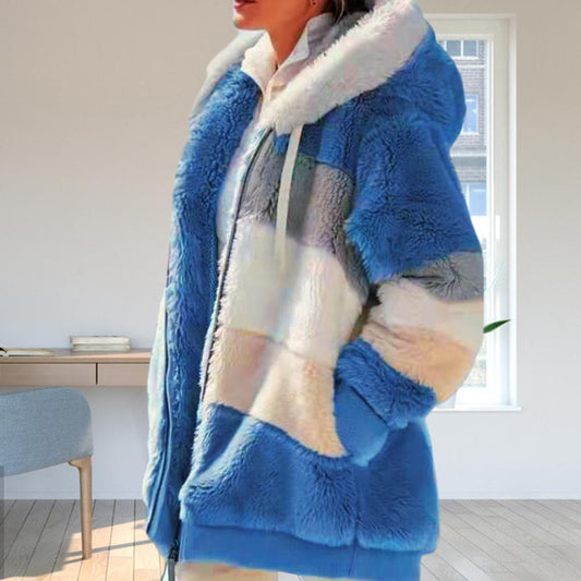 Hot Sale Comfortable Women Autumn Winter Long Sleeve Color Block Zipper Warm Fluff Hooded Warm Coat Jacket