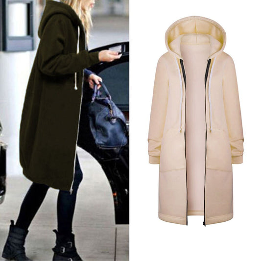 Fashion Winter Solid Color Long Hoodies Women Warm Loose Zipper Open Hoodies Sweatshirt Long Coat Jacket Tops Outwear 21809