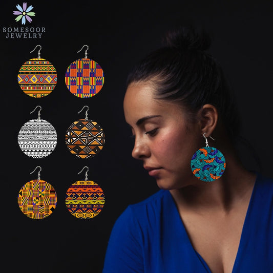 SOMESOOR Vintage Afro Fabric Designs Printed Wooden Drop Earrings African Ethnic Bohemian Panttern Loops Dangle For Women Gifts