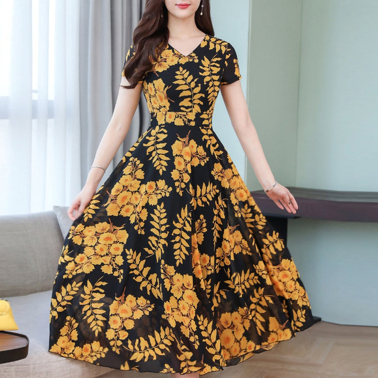 Summer Fashoin Floral Printed Short Sleeve Ankle-length Dress Ladies Feminino V-neck A-line Dresses Daily Casual Sundress Robes