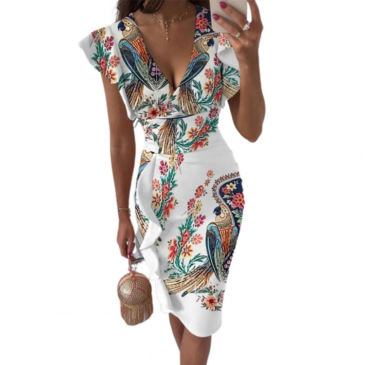 Women Midi Dress 2021 Flower Printing Deep-V Cloth Ruffled Hem Decor Summer Dress for Date