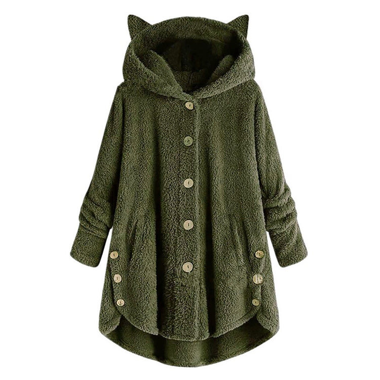 2021 Women's Coat Winter Plus Velvet Sports Winter Cute Cats Ears Hooded Irregular Hem Buttons Jacket Fleece Coat Christmas Gift
