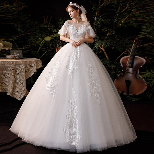Wedding Dresses Illusion O-Neck Short Tulle Lace Sequined Pearls Embroidery Backless Floor-Length White Women Bride Gown GB160
