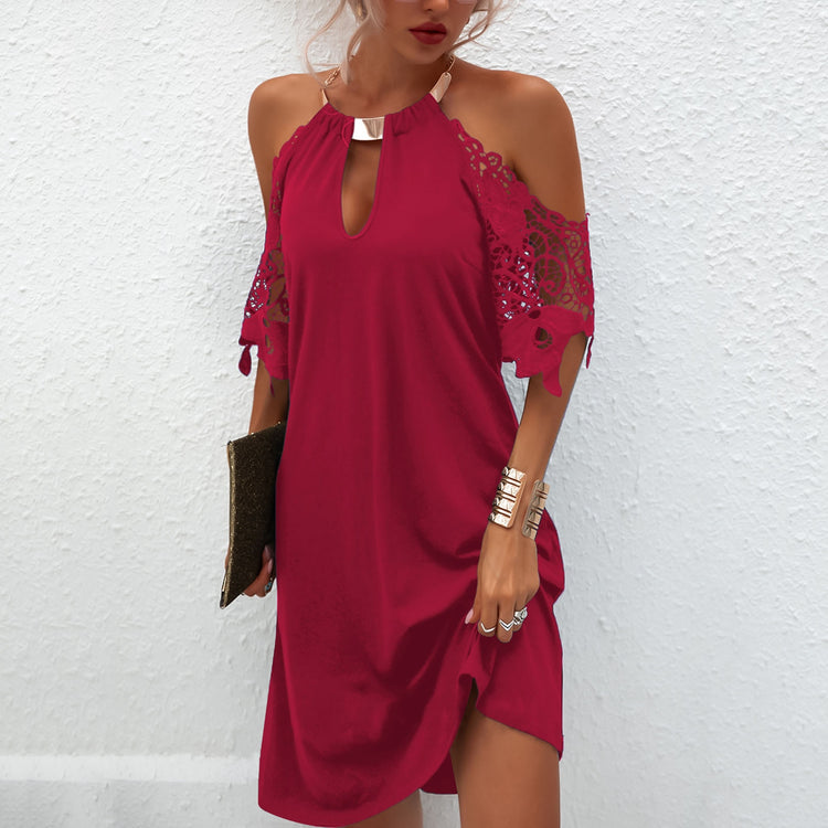 Fashion Women'S Dress Sexy Lace Up Short Sleeve Evening Party Mini Dress Dew Shoulder Halter Neck Solid Color Strapless Dresses