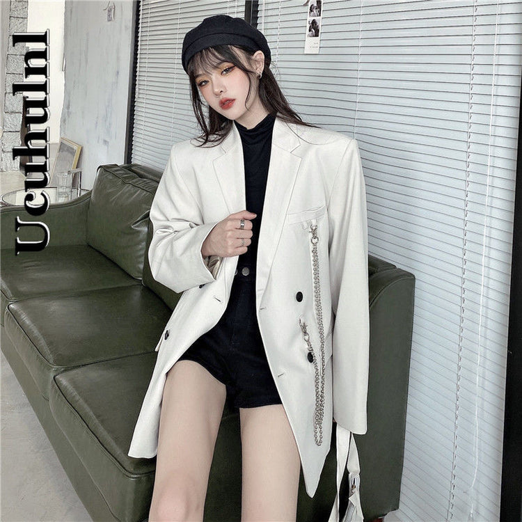 Ucuhulnl Long Sleeve Solid Blazer Lapel V-neck Double Breasted Button Loose Casual Jacket Chain Pocket Woman Man Coat Streetwear