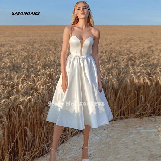 Elegant Short Wedding Dress For Women A-Line Knee Length Sweetheart  Simple Beach White Pearl Satin Bridal Gown Vestido De Novia