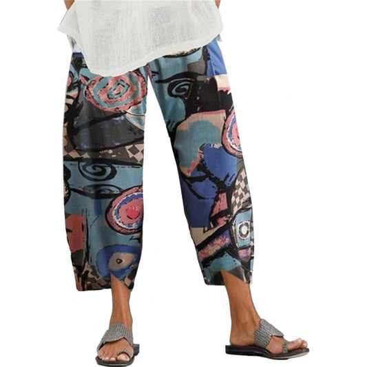Plus Size Women Casual Pants Pockets Elastic Waistband Ninth-length Skin-friendly High Waist Wide Leg Summer Pants Trousers