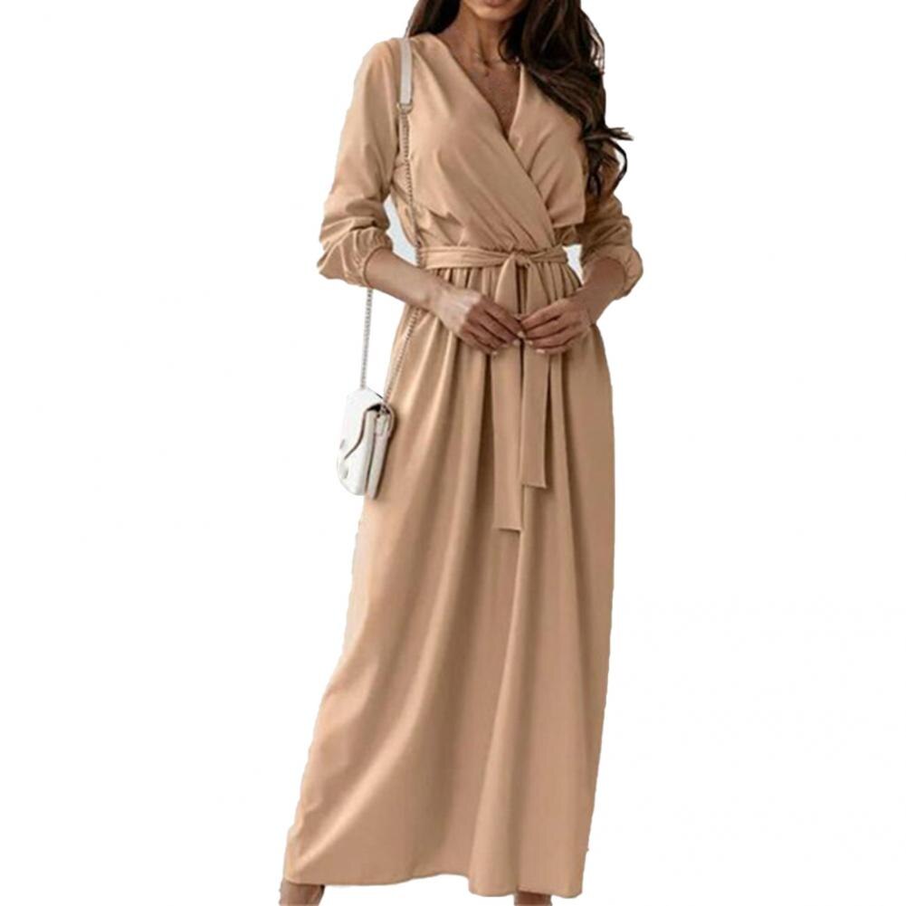 Women Elegant Casual Solid Color V Neck Dress Tight Waist Loose Elastic Waist Long Dress for Party Dating Daily