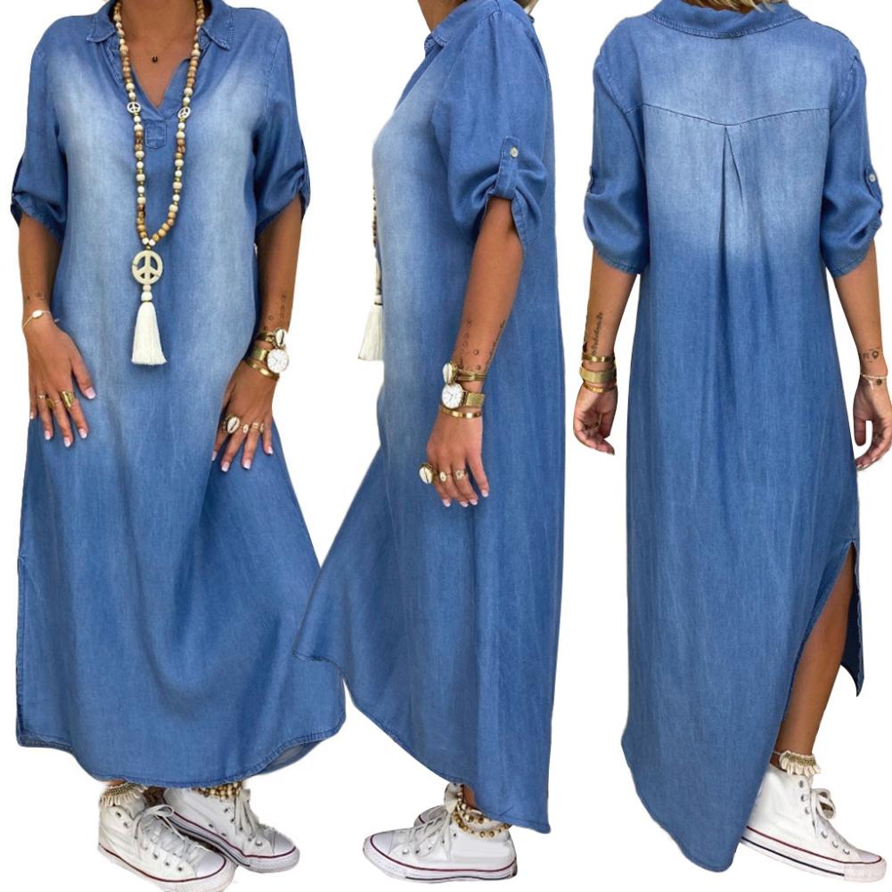 Women Plus size dress Vintage Summer V Neck Half Sleeve Side Slitting Hem Loose Long Denim Dress Hem Loose Long Denim Dress