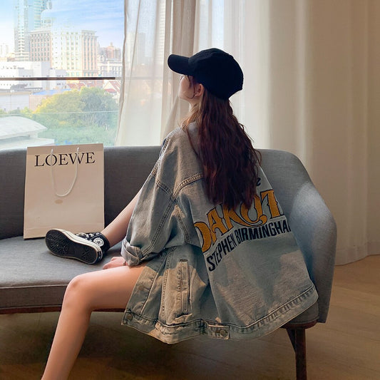 traf Jacket Women 2021 Spring and autumn denim coat women's personality letters embroidered loose versatile women's top