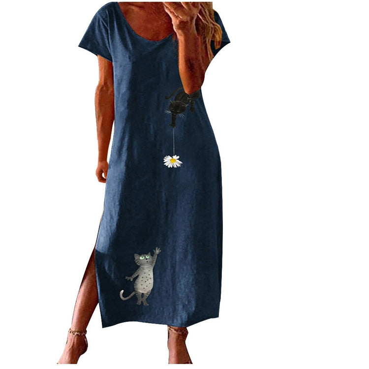 Summer Dress Fashion Women Plus Size O-neck Cotton And Linen Cat Print Open Fork Casual Long Dress Women Elegant Loose Dress