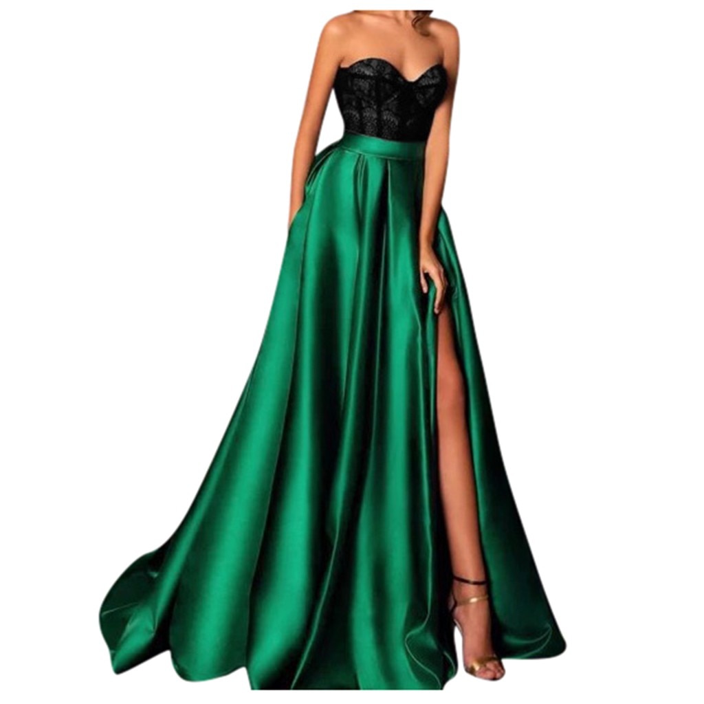 Women's Sexy Strapless Neck Patchwork Sleeveless Lace Slit Up Long Full Dress High Qualty Dress For Wedding Party Formal Women
