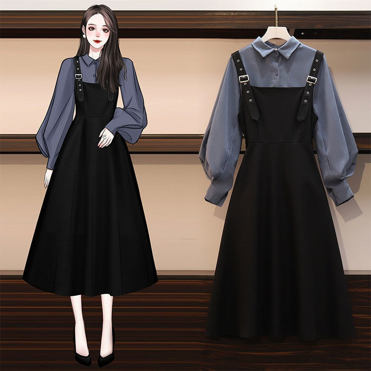 Fashion Long Sleeve Button Shirt+strap Dresstwo Piece Set Women Korean Style Plus Size 4xl Dress Suit Casual High Waist Dresses