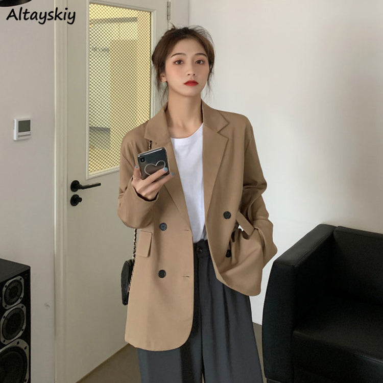 Blazers Women Loose Double-breasted Office Solid Korean Long-sleeve Spring Elegant Vintage Trendy Breathable Sweet College Retro