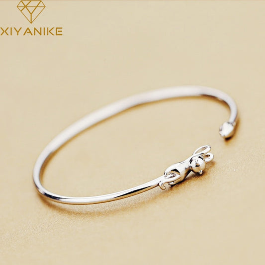 XIYANIKE 925 Sterling Silver Korean Style Cute Cat Creative Bracelets Bangles Jewelry Adjustable For Women Wedding Couple