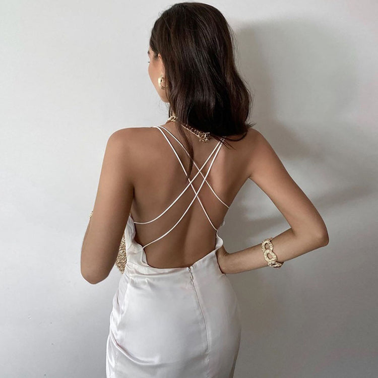 Satin Women Strap Mini Dress Ruched Lace Up Bandage Backless Bodycon Sexy Party Elegant White Silk Dresses