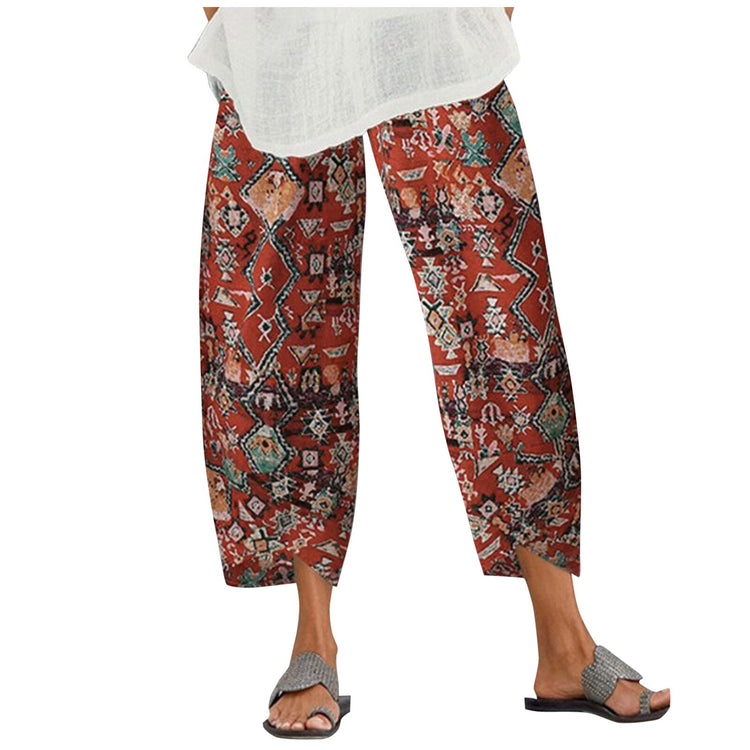 Vintage Summer Linen Pants Women Casual Harem Pants Floral Printed Elastic Waist Wide Leg Pants Female Loose Trousers Plus Size