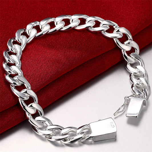Fashion 925 Sterling Silver 10mm Square Buckle Men Bracelet Classic Chain Male Bangle Jewelry