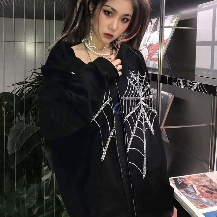 Autumn Winter Zip-up Jacket Outwear Black Harajuku Gothic Rhinestone Spider Web Hooded Coats Women Punk Casual Plus Size Hoodies