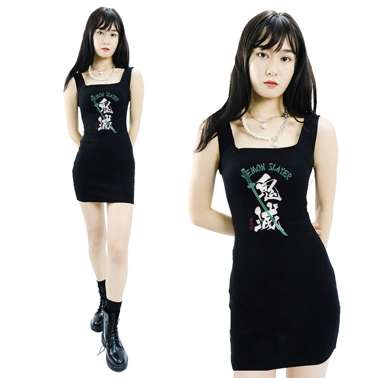 Demon Slayer Summer Women's Dress 2021 Japan Anime Print Sexy Sleeveless Beach Midi Dresses Girls Female Party Streetwear Dress