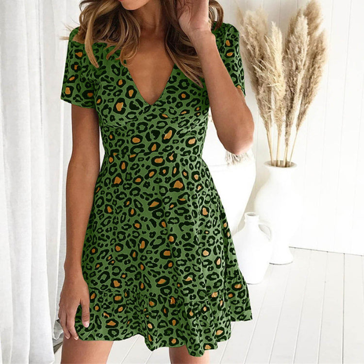 New Women's Summer Dress 2021 V-Neck Printing Leopard Loose Casual Fashion Short Sleeve Mini Dress платье женское летнее
