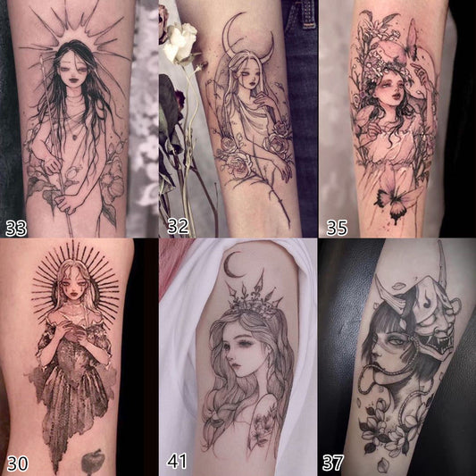 2pcs/6pcs Fairy Tattoo Sticker Geisha Body Art Arm Fake Sleeve Tatoo Black Women Girls Wrist Waterproof Temporary