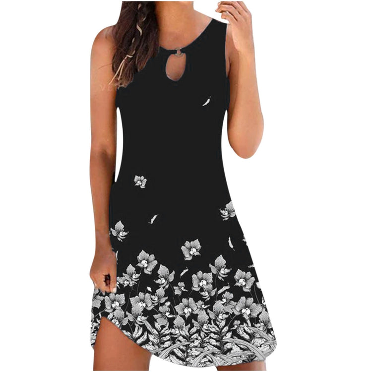 Summer Floral Hollow Out Casual Dress Plus Size Sleeveless O Neck Elegant Dresses For Women Clothing Vestidos Mujer Verano 2021