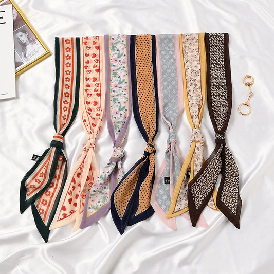 Hair Band Silk Scarf Female Korean Ins Floral Heart Print Neck Scarf Decoration Long Ribbons for Bag Handles Multi-function Tie