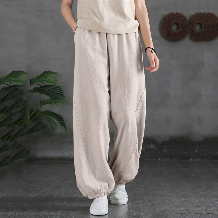 2021 Casual Women Trousers Cotton Linen Pocket Elastic Waist Loose Bloomers Pants Daily Simple Comfy Pantalones Conjunto Mujer